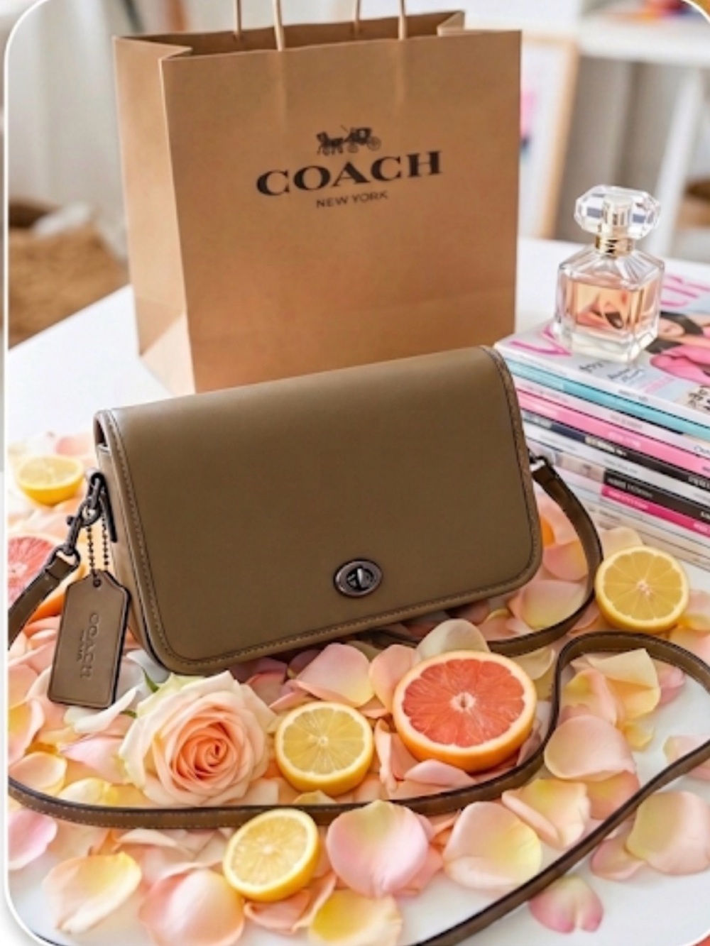 Coach Turnlock Crossbody Bag in Glovetanned Leather (Style #57325) 2016 Taupe